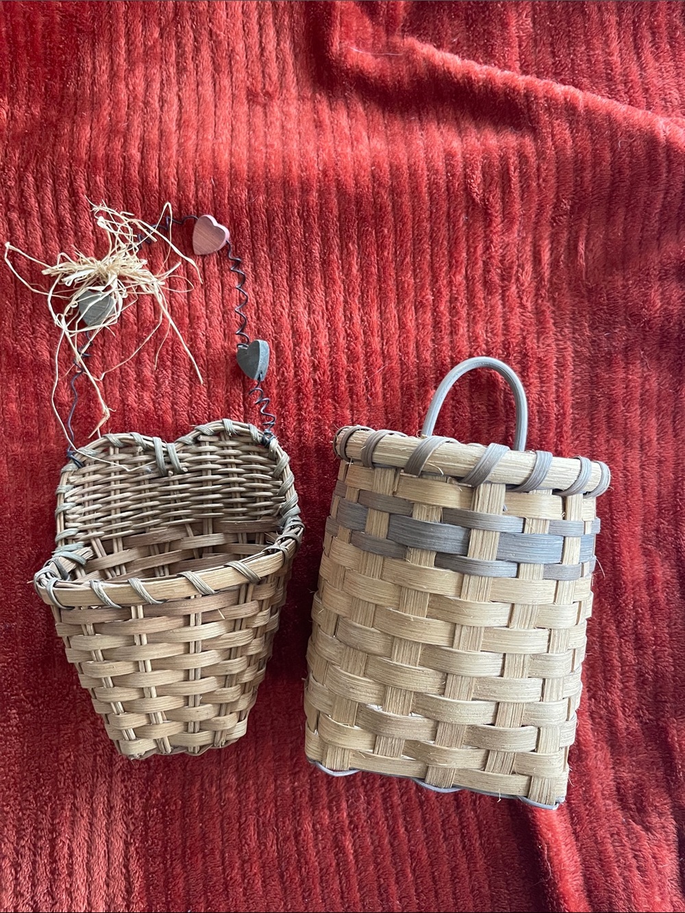 Handwoven Wicker Wall Baskets in Tan with Gray Accents - Set of 2